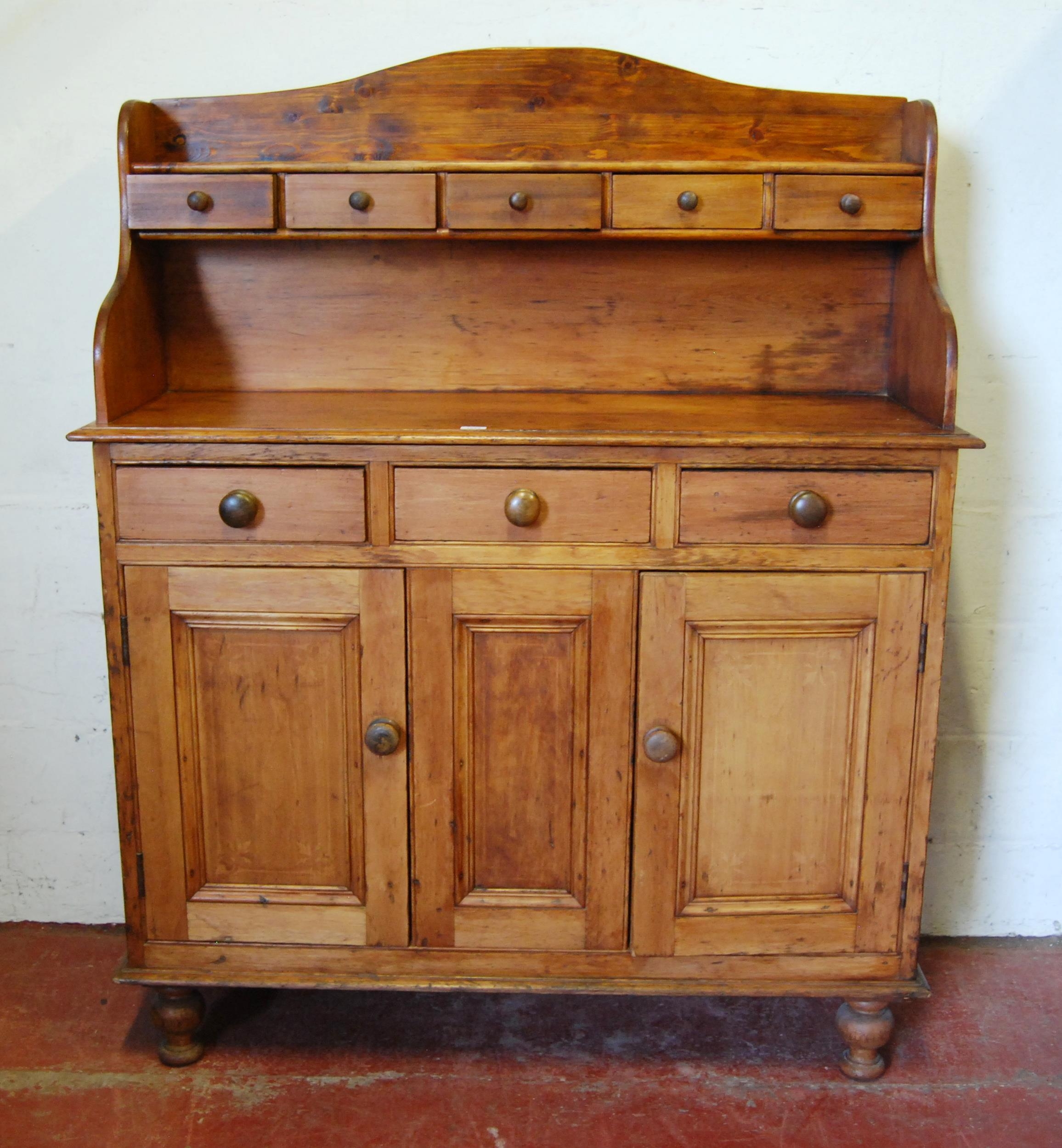 Victorian Scotch pine dresser with five short drawers to the gallery back above three large