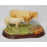 Border Fine Arts group, 'Blonde D'Aquitaine' cow and calf from the Farming Today range, A9776, on