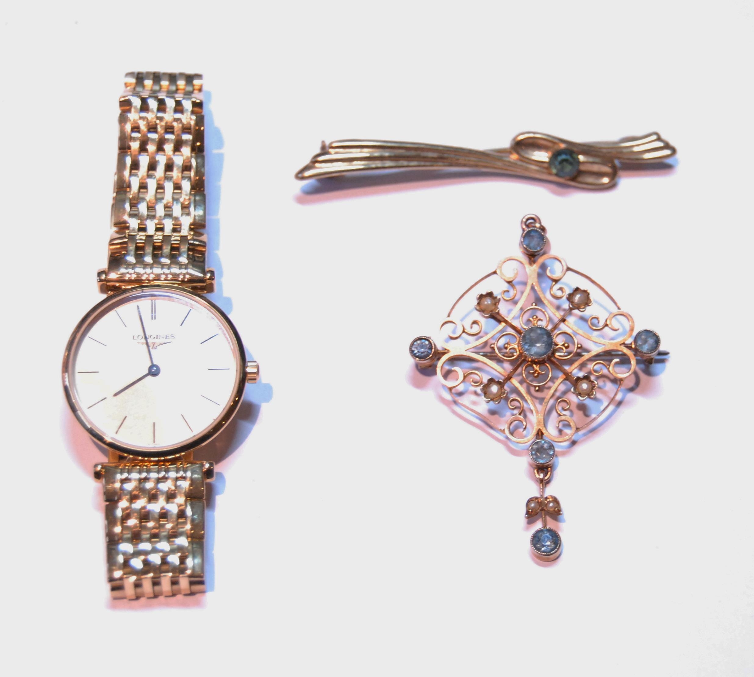 Gold openwork pendant with pearls, '9ct' (4.4g), a Longines rolled gold watch on bracelet and a