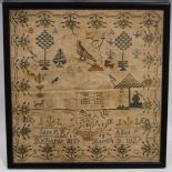 George IV needlepoint sampler worked by Jane Richards, aged 9, March 3 1829, decorated with birds,