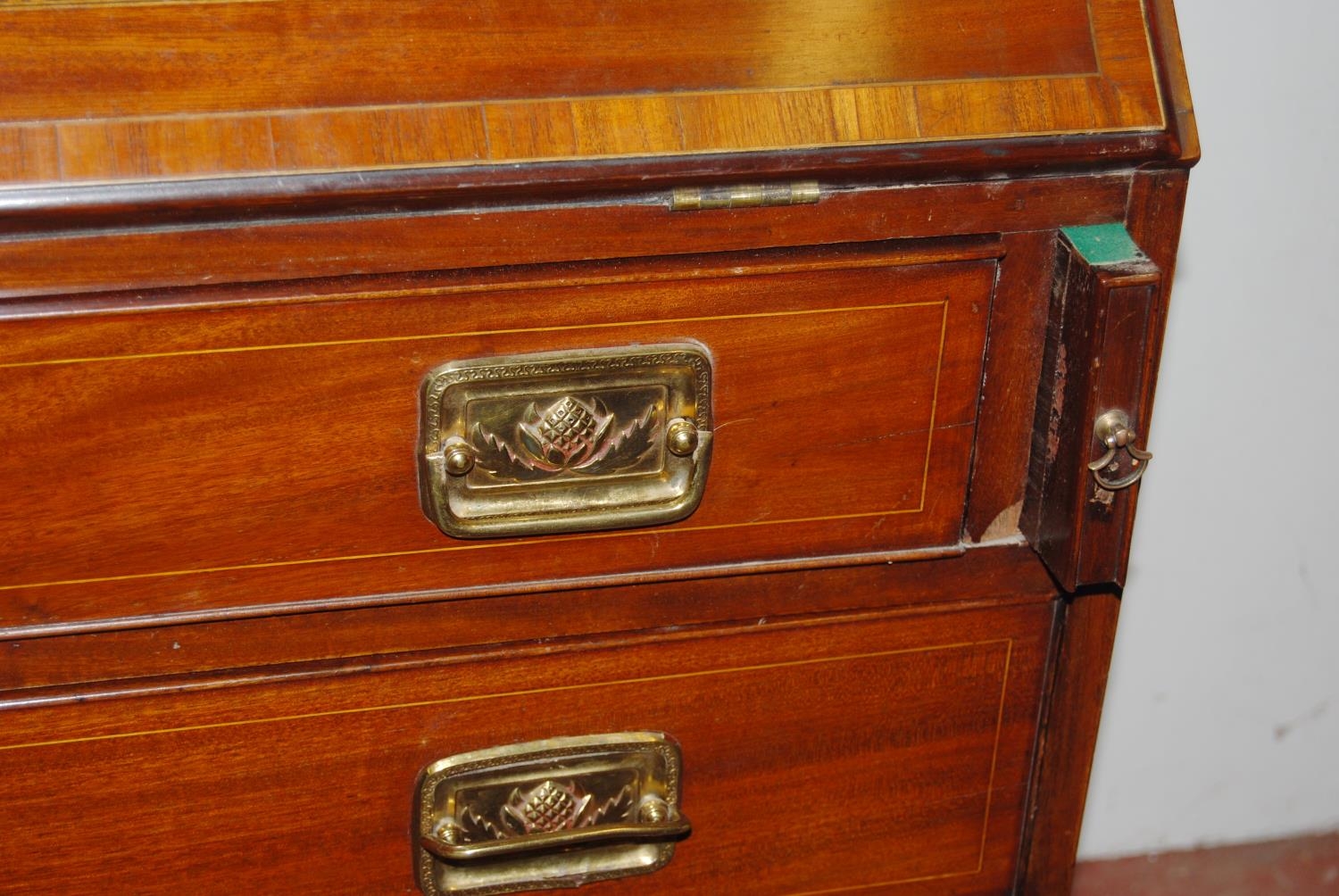 George III style Scottish inlaid mahogany writing bureau, the fall front with three satinwood, - Bild 3 aus 7