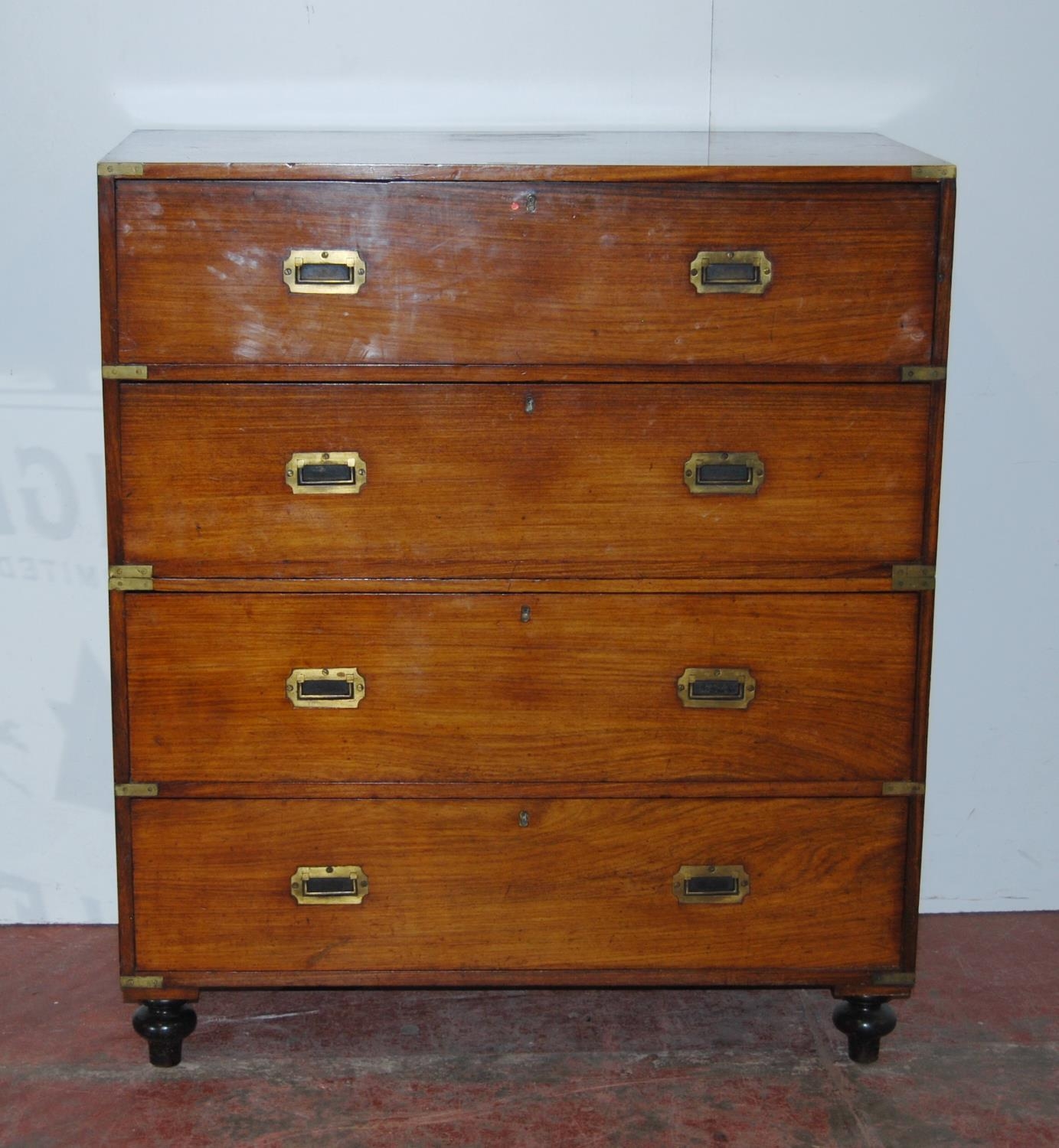 Victorian camphorwood military campaign chest of four long drawers in two sections, bound in brass