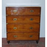 Victorian camphorwood military campaign chest of four long drawers in two sections, bound in brass