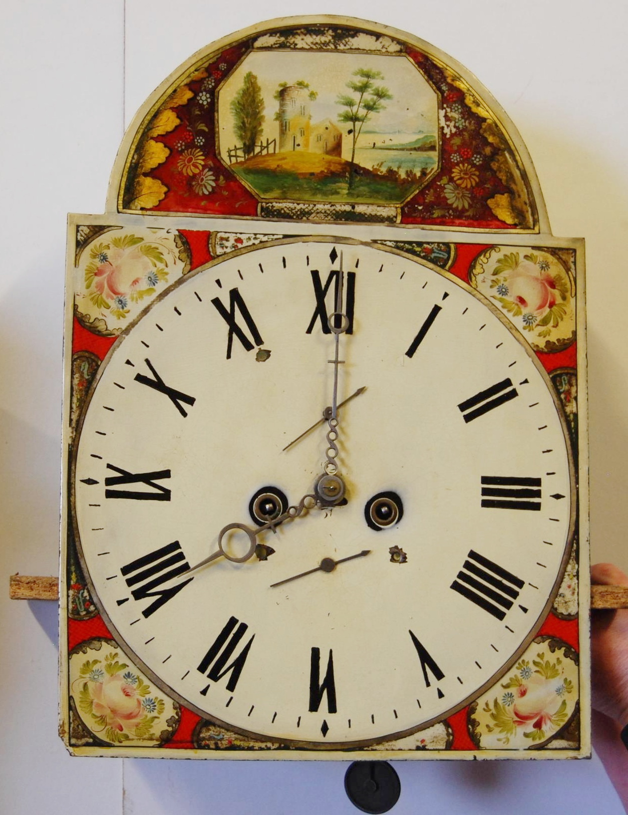 Early 19th century eight day stained wood longcase clock with painted 14in dial, weights and - Image 6 of 7