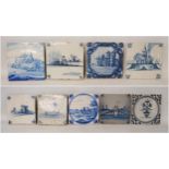 Nine assorted 18th century blue and white Delft tiles to include palace and shipping scenes, 12.