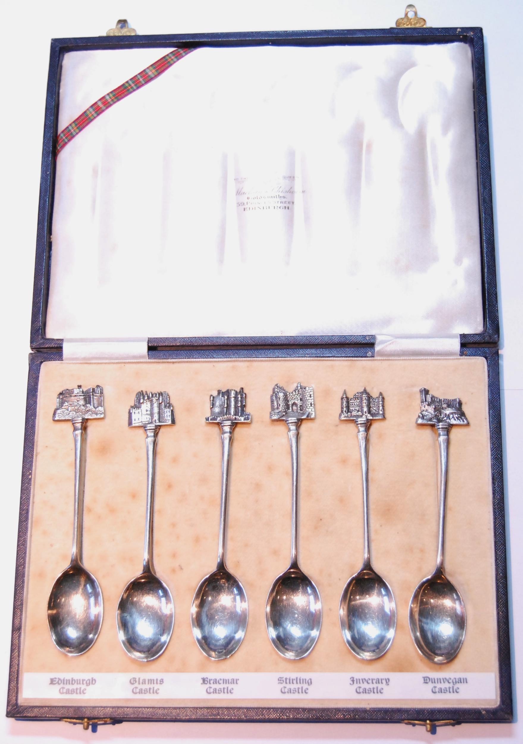 Set of six silver coffee spoons with finials depicting various Scottish castles, Edinburgh 1936,