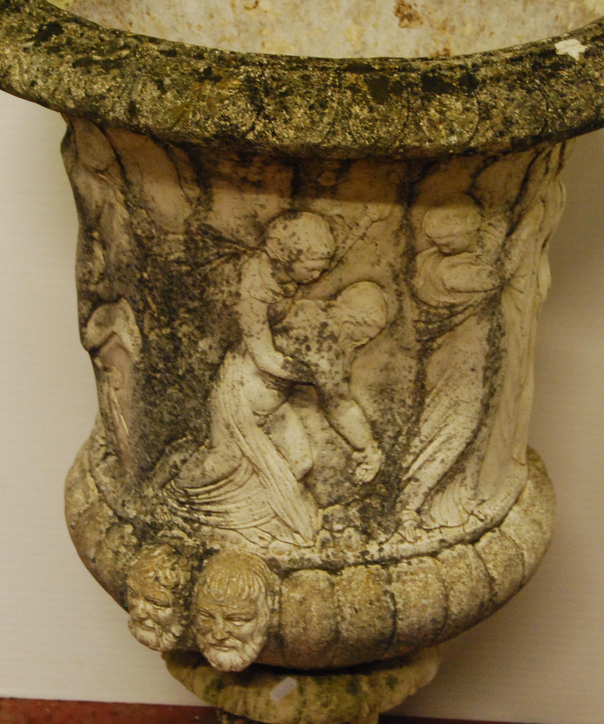 Three near-matching composition garden campagna urns of large form decorated with classical - Image 3 of 10