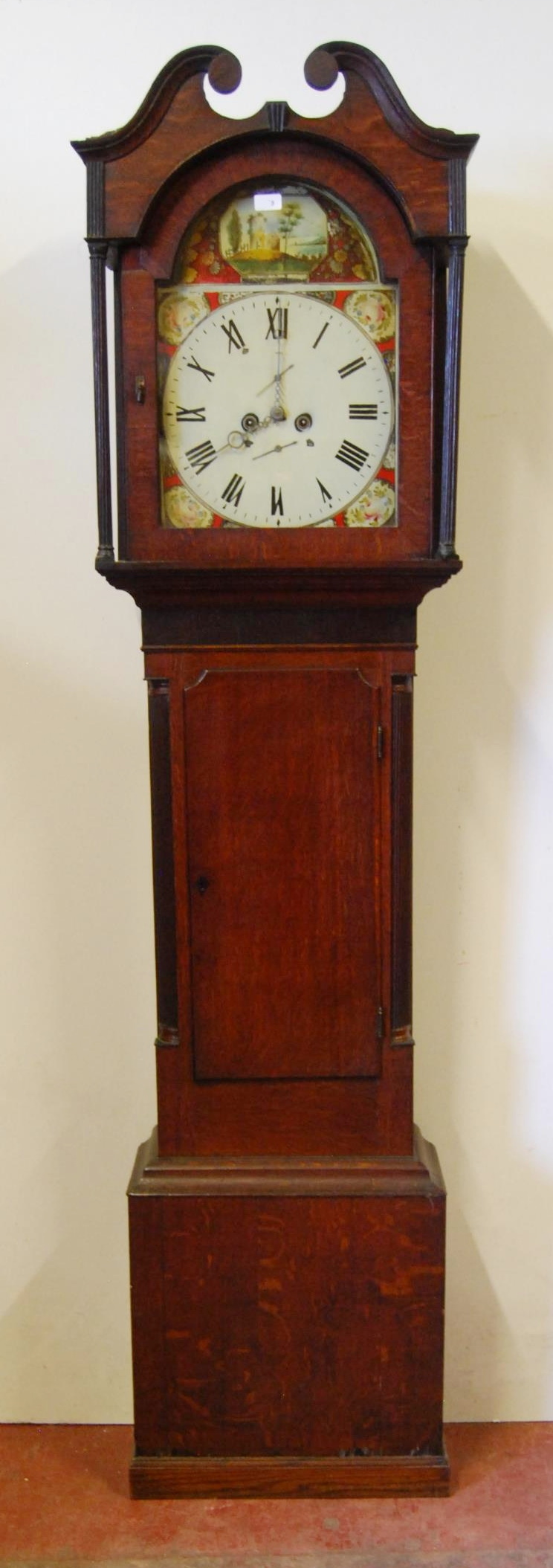 Early 19th century eight day stained wood longcase clock with painted 14in dial, weights and