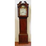Early 19th century eight day stained wood longcase clock with painted 14in dial, weights and