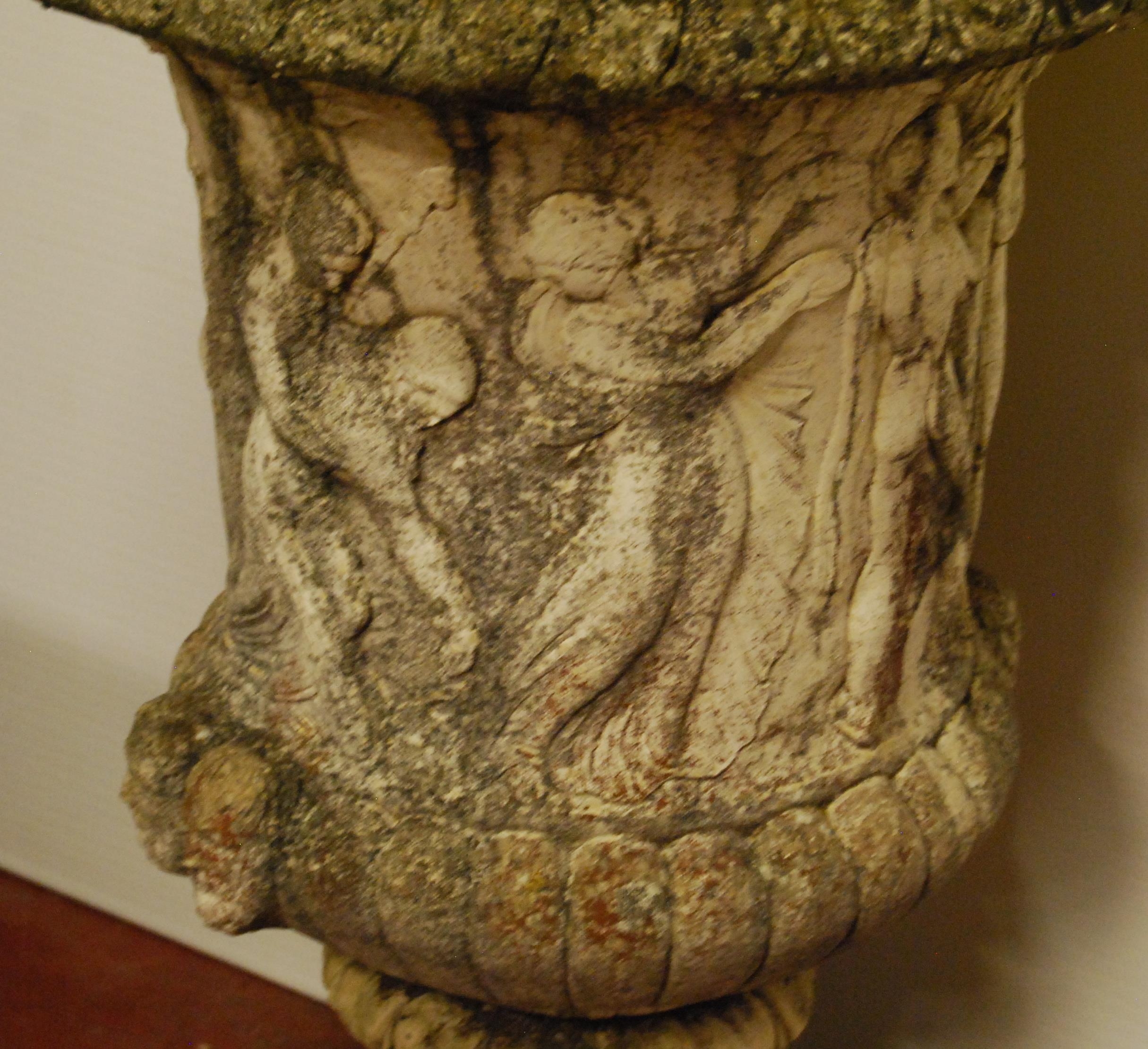 Three near-matching composition garden campagna urns of large form decorated with classical - Image 7 of 10