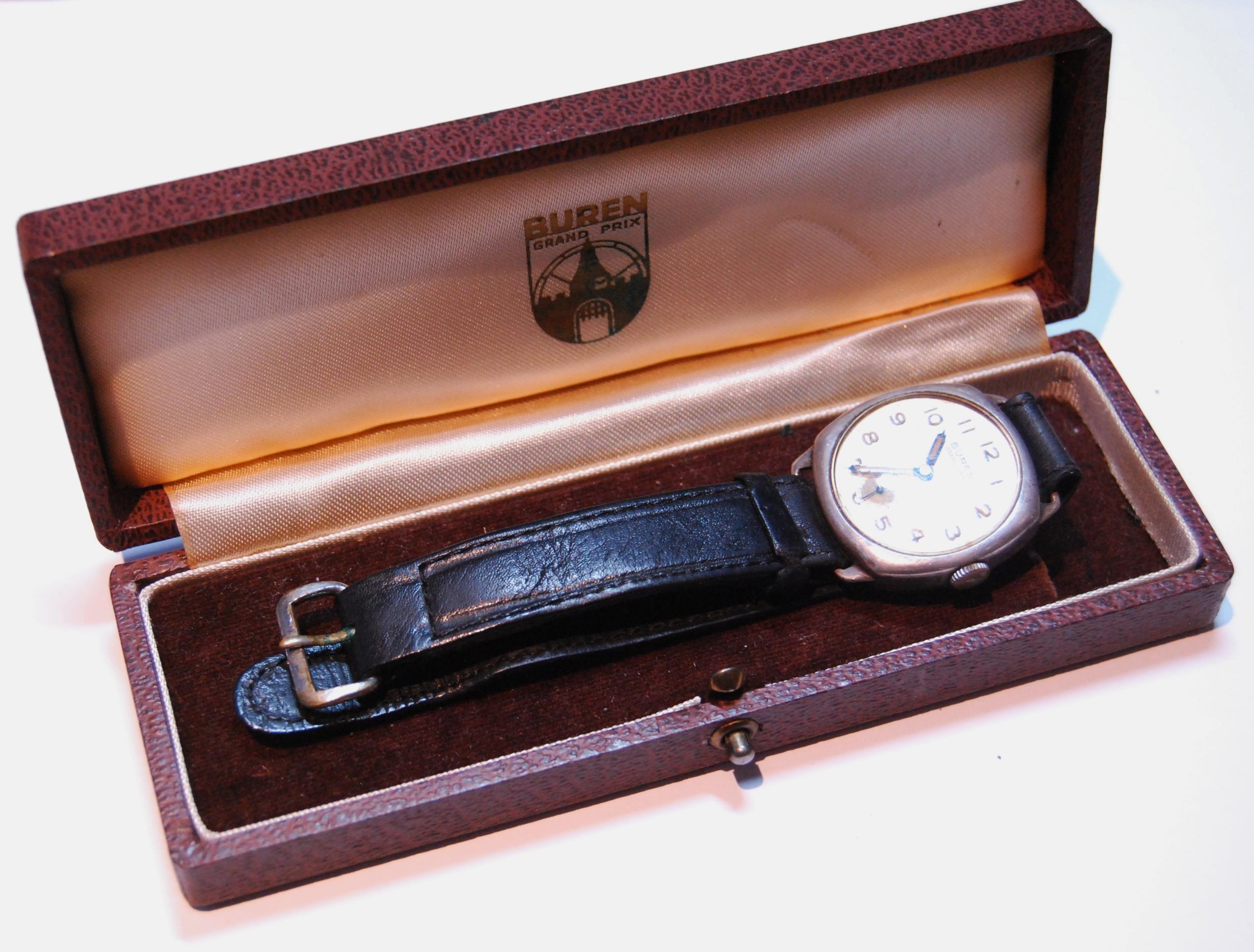 Gent's Buren Grand Prix watch, 17 jewels, in silver cushion-shaped case, inscribed and dated 1961,