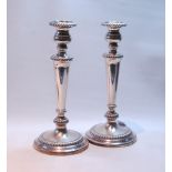 Pair of silver table candlesticks with gadrooned edges and inverted tapering stems, by W Tucker &