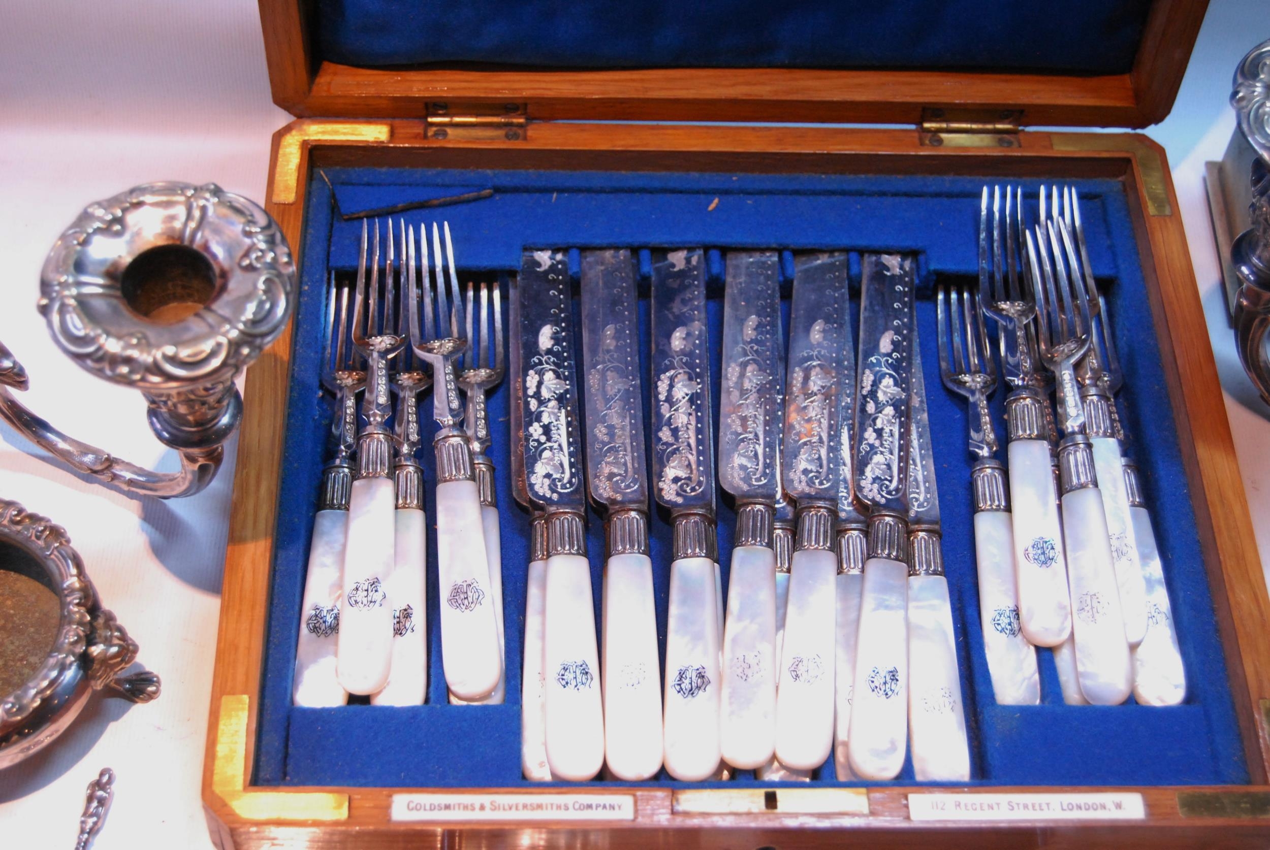 Pair of EP candelabra branches, c. 1860, fruit knives and forks and various other items. - Image 3 of 5