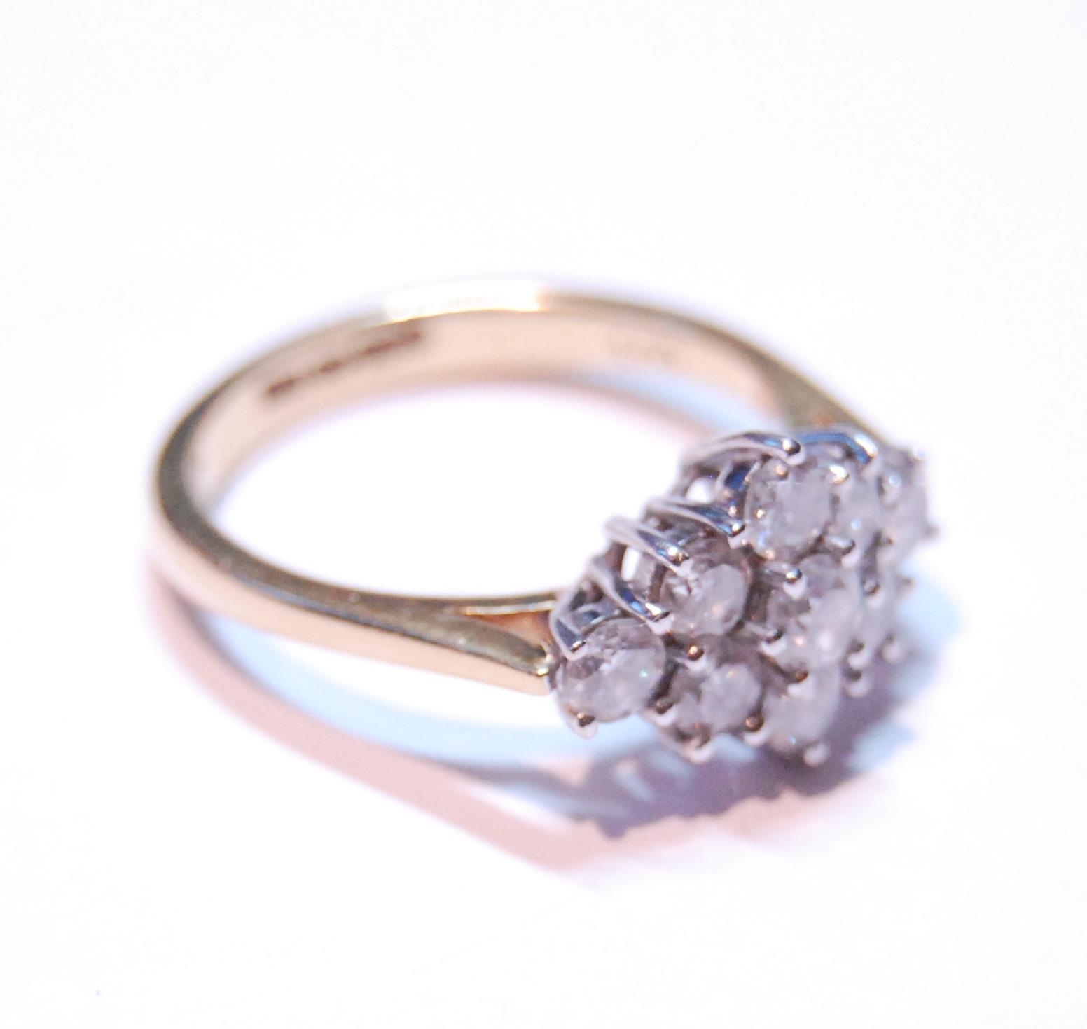 Double lozenge cluster ring with nine pavé-set brilliants, in 18ct gold, size M. - Image 2 of 5