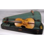 Antique French violin, two-piece back, specimen wood finger board, stamped Aubert to the bridge,