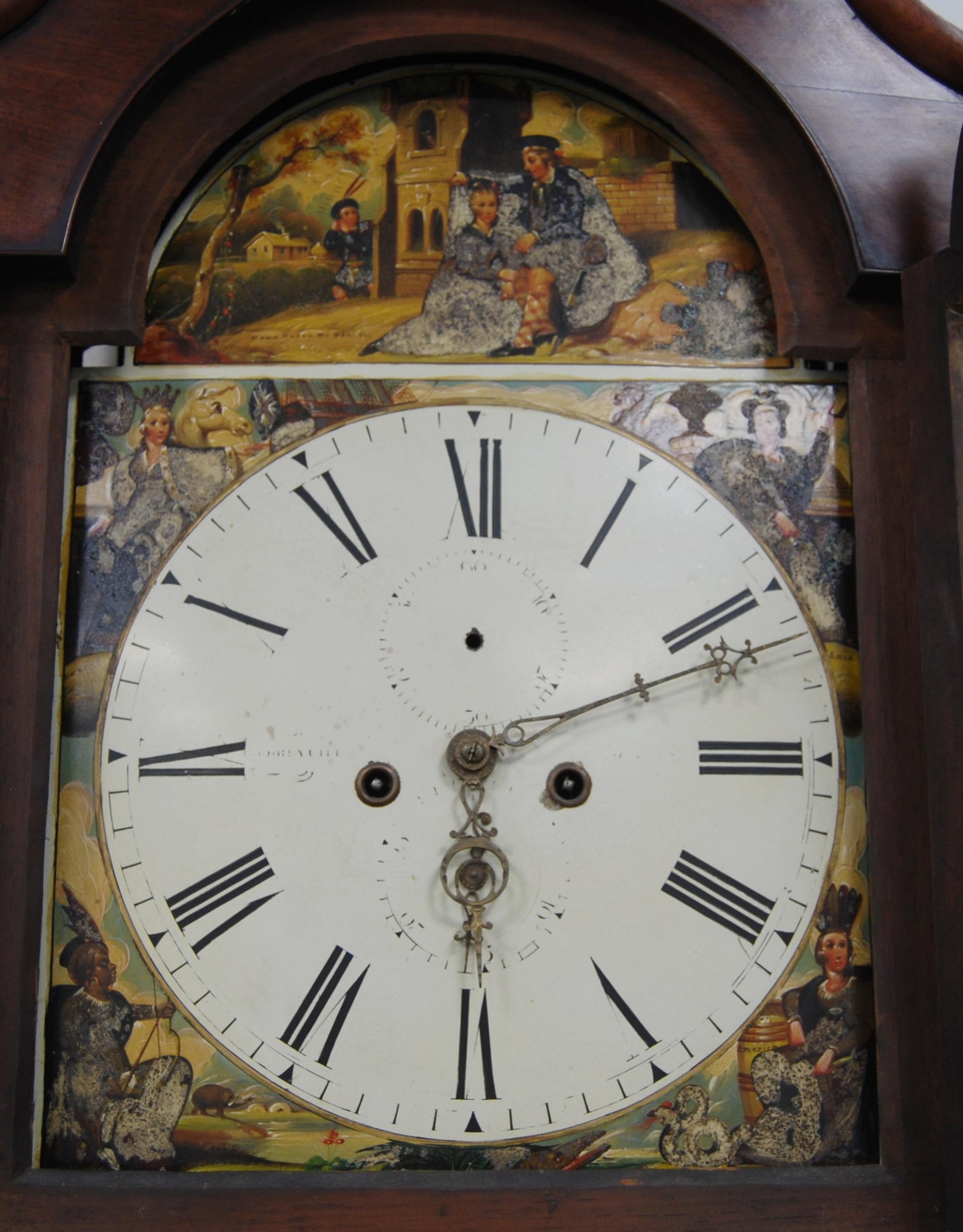 19th century mahogany eight day longcase clock, the 14in dial painted with historical figures from - Image 4 of 7