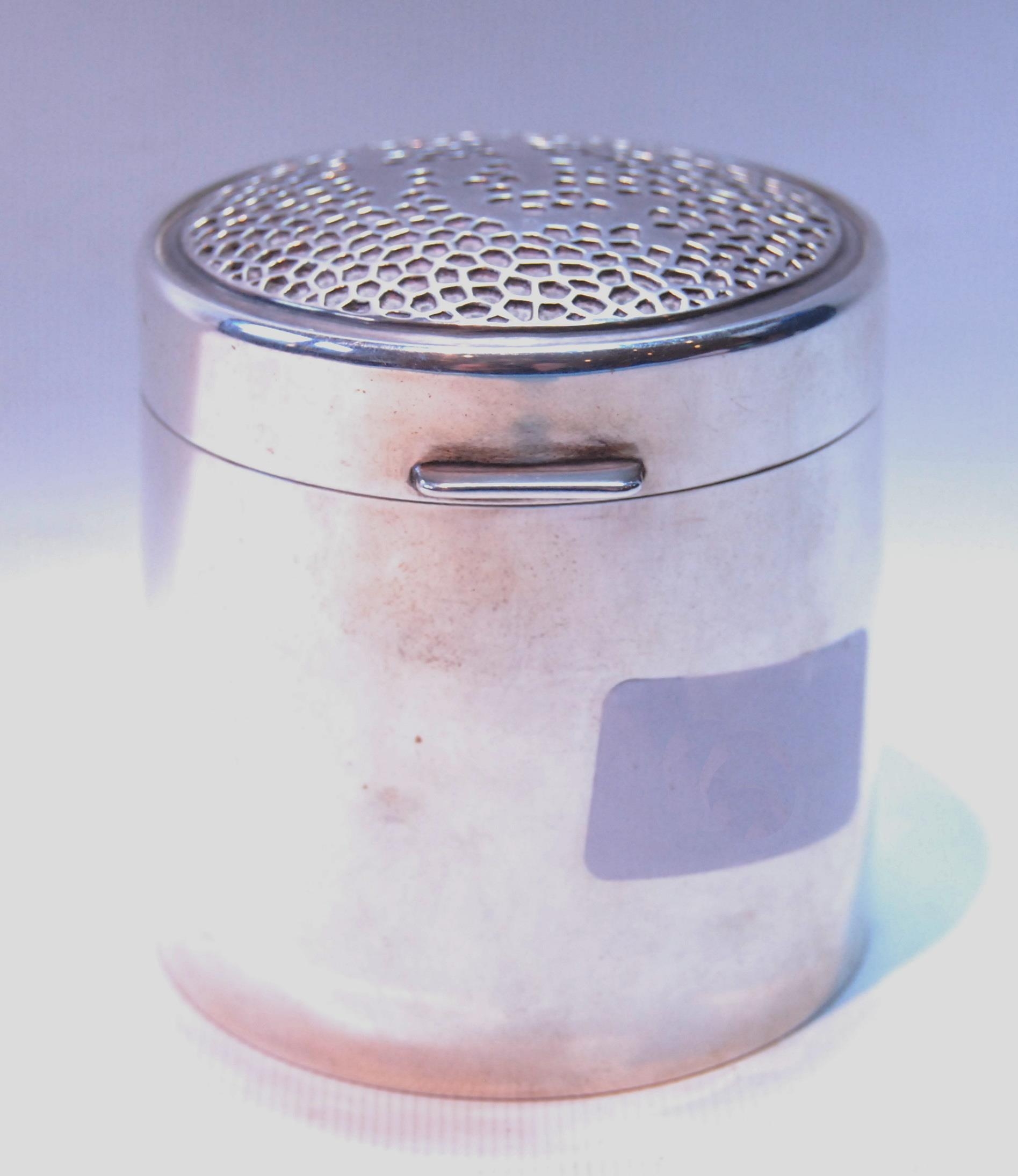 Silver cylindrical box with champlevé cover, 1986, 193g or 6oz.