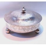 Silver circular bowl with embossed scrolls on ball feet, and the cover, by Charles & George Fox,
