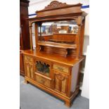 Art Nouveau mahogany and walnut mirror-back sideboard, retailed by J Farrar & Sons, Halifax, the