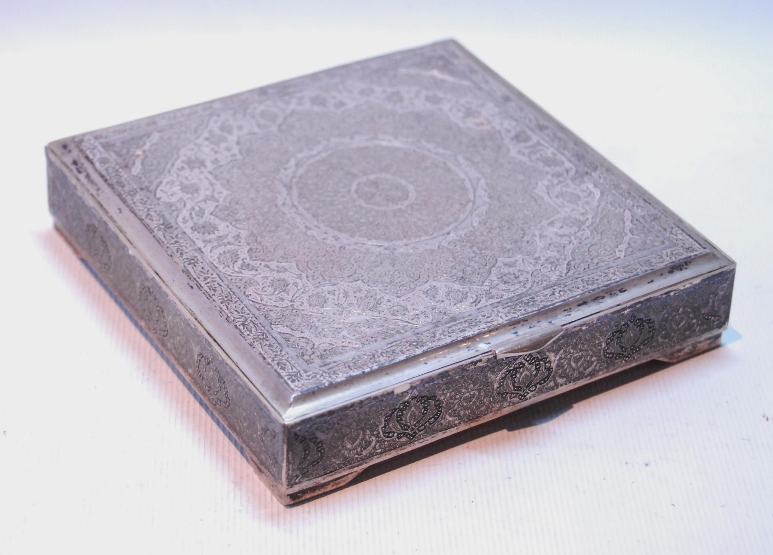 Persian silver square box with finely chased cover and gilt interior, 12cm x 12cm x 2cm, 351g or 11