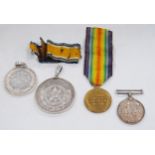 Pair of WWI campaign medals awarded to Lieut. MS Moore, with ribbons, also 19th century silver