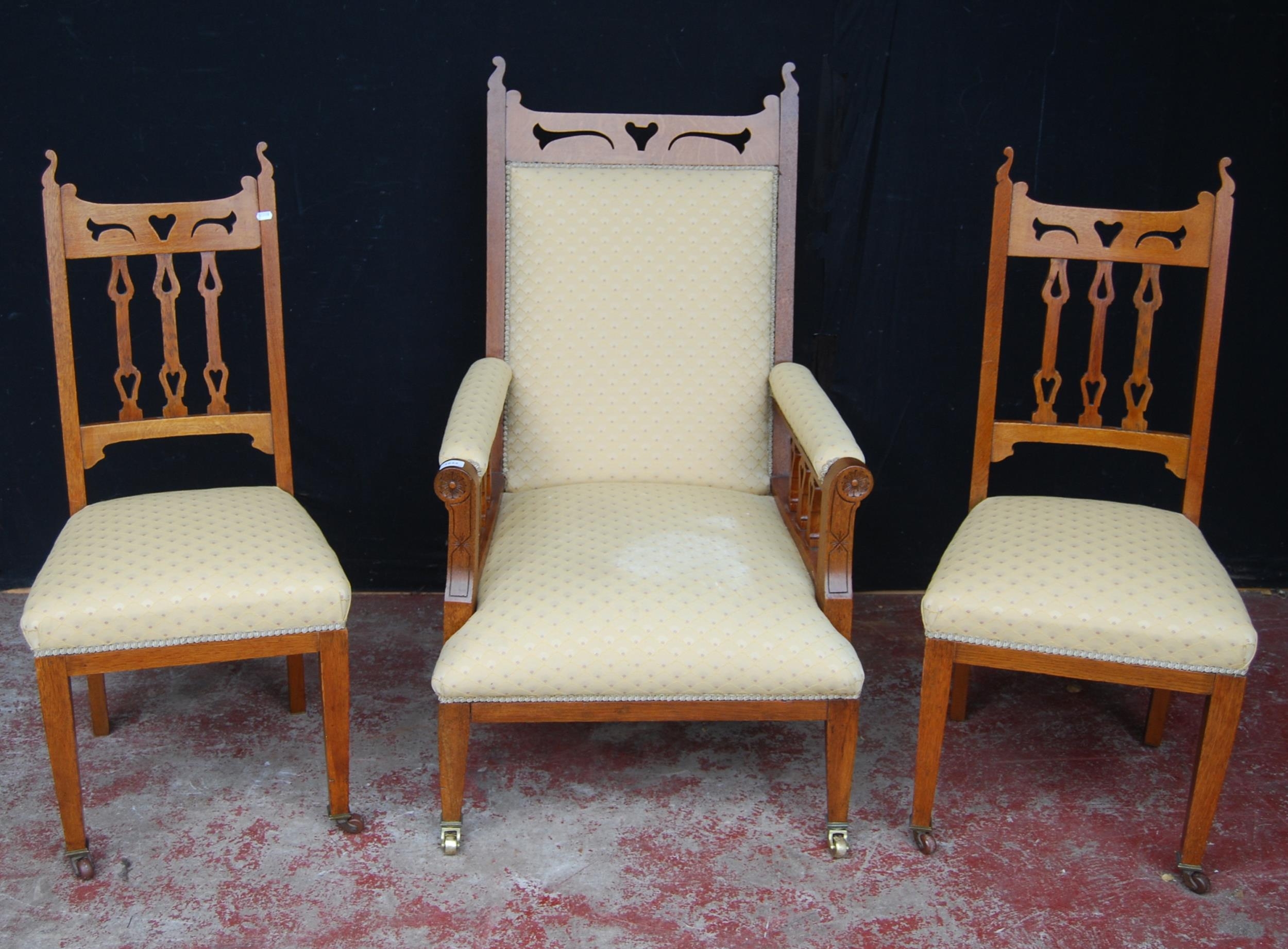 Art Nouveau oak four-piece parlour suite comprising a chaise longue, armchair and two side chairs, - Image 3 of 4