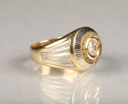 Gents 14 carat yellow gold dress ring, with a central set 0.5 carat cubic zirconia, ring size S,