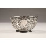19th Century Chinese pierced silver bowl, decorated with birds and bamboo with vacant shield