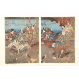 Kunisada Framed Japanese woodblock print - diptych signature on the plate, Ox8 1853, 30cm x 24cm (
