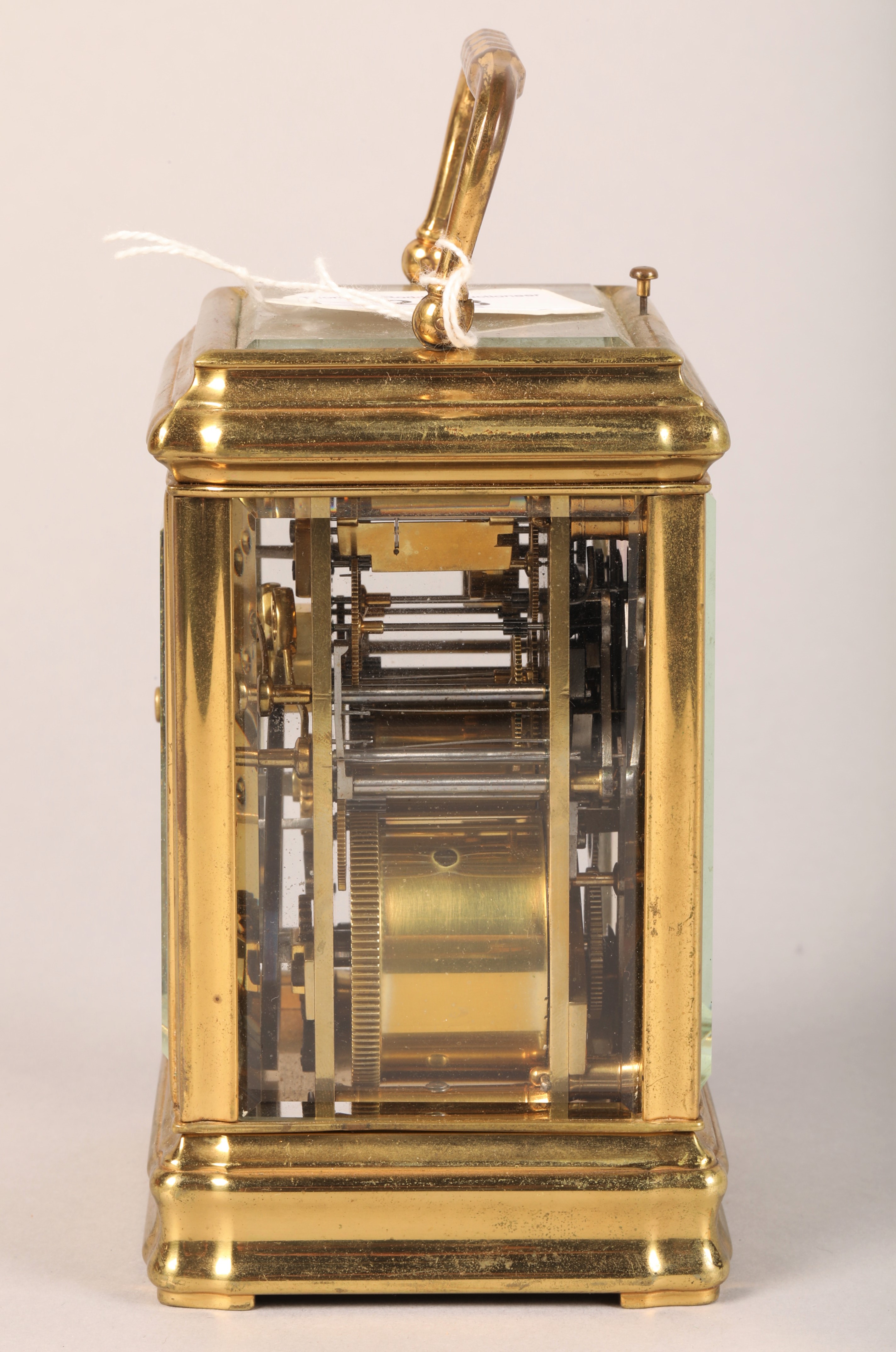 Early 20th Century repeating brass carriage clock, white enamel dial with alarm dial, time piece - Image 5 of 9