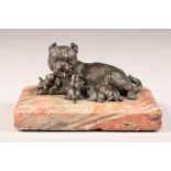 French bronze figure of a bulldog and four pups, mounted to a rectangular rouge marble base,