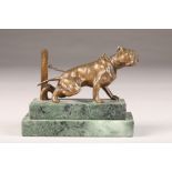 Continental bronze figure of a chained bulldog signed A.Berg, mounted to a stepped green marble base