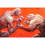 Valentin Petrov (Bulgarian Born 1966) ARR Framed oil on canvas, signed 'The Wrestlers' 72cm X 100cm