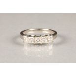 18 carat white gold diamond ring, set with five princess cut diamonds. ring size O/P, weight 3.6g,
