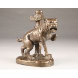 Late 19th/early 20th Century French bronze figure of a barking bull dog, chained to a post (chain
