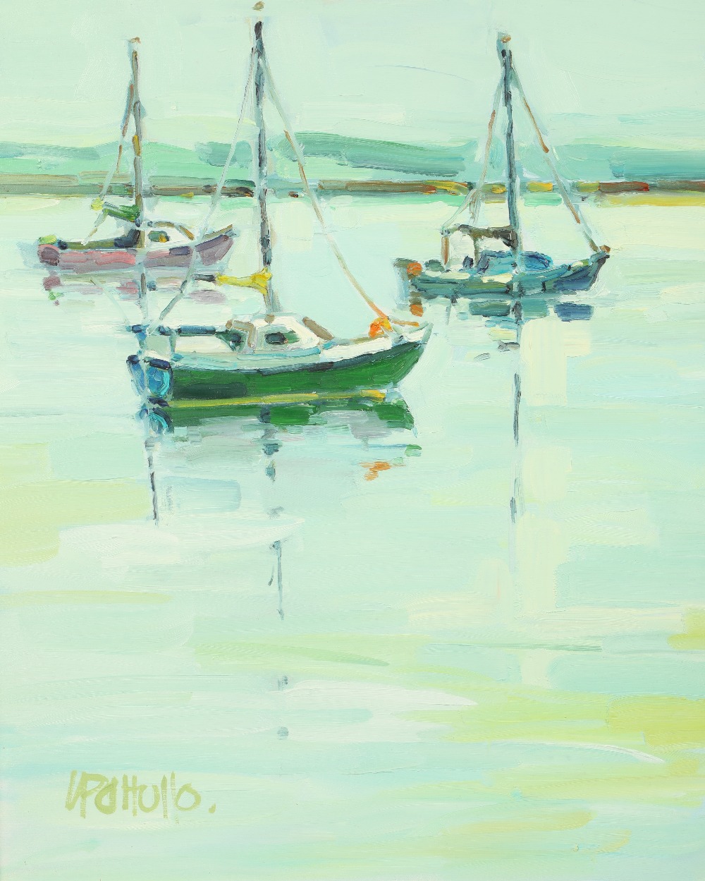 Lin Patullo (Scottish born 1949) ARR Framed oil on canvas, signed, 'Moored Yachts' 60cm x 50cm