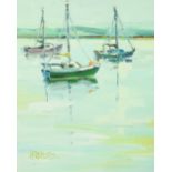 Lin Patullo (Scottish born 1949) ARR Framed oil on canvas, signed, 'Moored Yachts' 60cm x 50cm