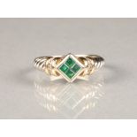 14kt white and yellow gold emerald ring, four emeralds in a square setting, with diamond shoulders