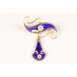 Ladies diamond and seed pearl two piece drop pendant brooch with blue enamel, set on unmarked yellow