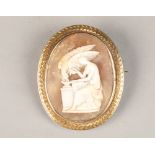 10 carat gold mounted Cameo brooch, oval form, neoclassical lady with an eagle, 44mm x 54mm