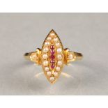 Ladies 18 carat gold ruby and seed pearl ring five small centre rubies surrounded by sixteen seed