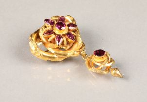 Victorian amethyst drop pendant brooch set on unmarked yellow metal