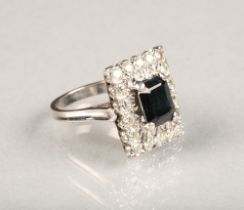 Ladies 18 carat white gold sapphire and diamond cluster ring, rectangular sapphire approximately 3