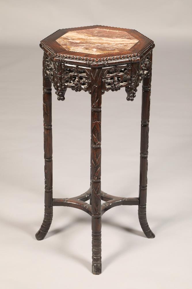 Cylinder carved hardwood Jardiniere stand, octagonal top with rouge marble inset, carved and pierced - Image 3 of 3