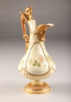 19th century Royal Worcester ewer, gilt winged dragon handle and gilt face mask, with hand painted