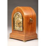 Edwardian inlaid mahogany lancet top striking mantle clock, gilt scrollwork dial with silvered