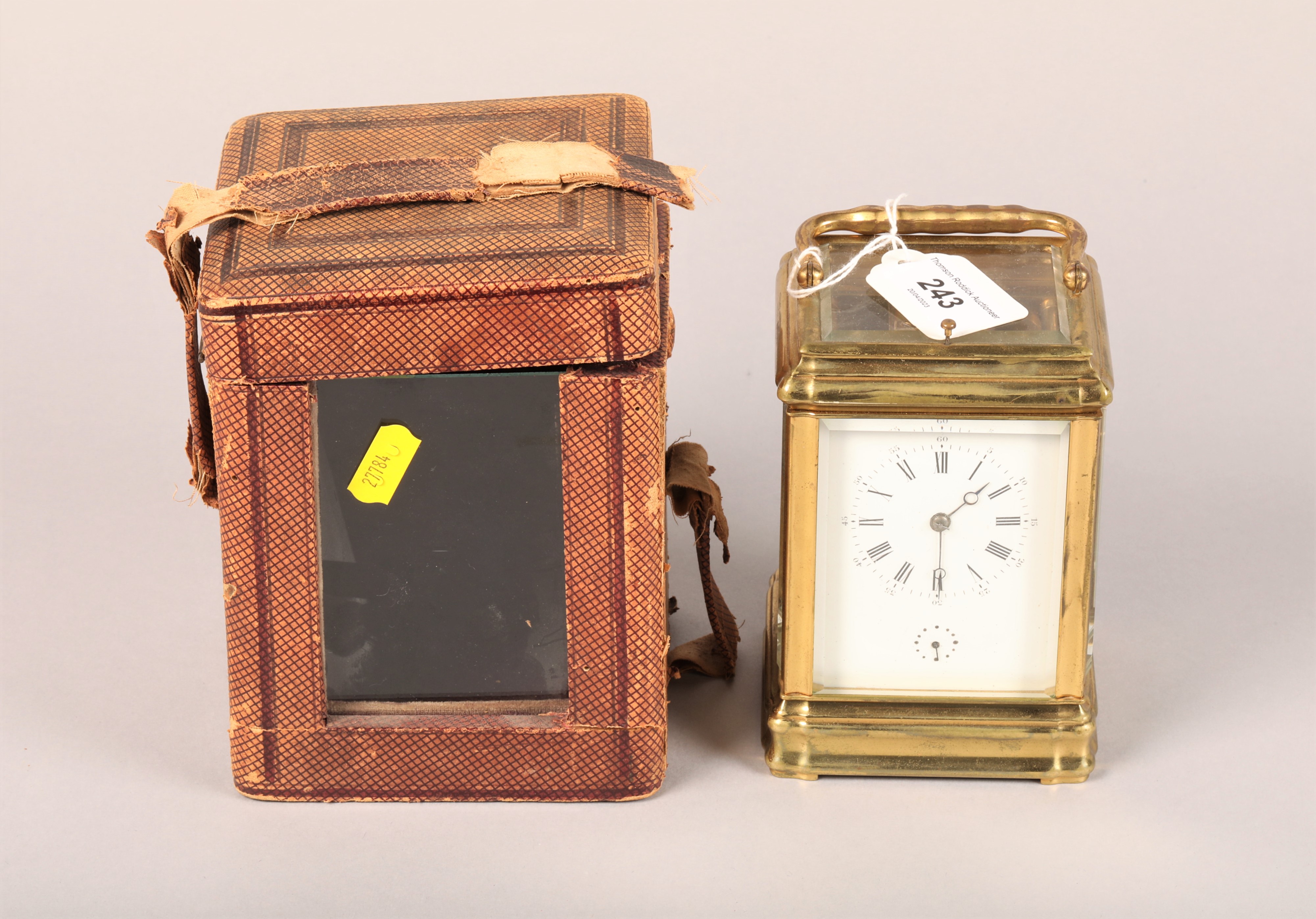 Early 20th Century repeating brass carriage clock, white enamel dial with alarm dial, time piece - Image 2 of 9