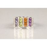 14 carat white gold, multi coloured gem stone set ring, four coloured bands of gemstones separated