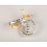 Ladies 18 carat white and yellow gold floral spray diamond & emerald brooch, set with 19 small