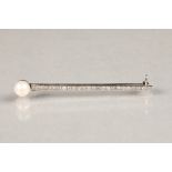 Ladies 18 carat white gold diamond brooch, row of 24 small diamonds set with a pearl, length 5.5cm